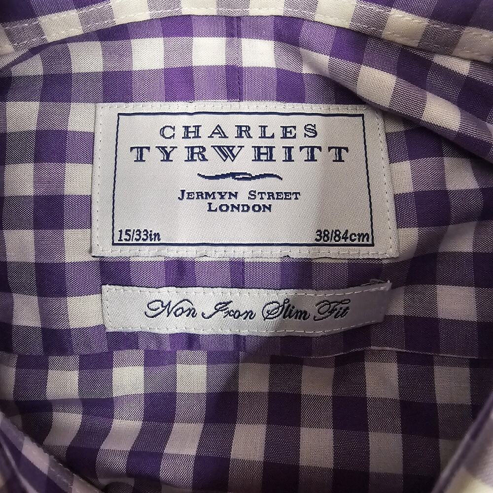 Charles Tyrwhitt Dress Shirt 15/33 Purple Gingham Check Plaid French Cuff Work - Picture 7 of 11